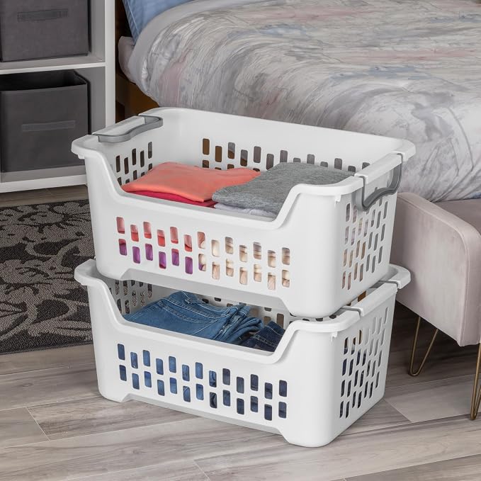 Sterilite Stacking Laundry Basket, Plastic Clothes Hamper, 6 Pack | 2 Bushel, White - Dirty Clothing Storage Organizer with Handles for Bedroom, Bathroom, and Closet