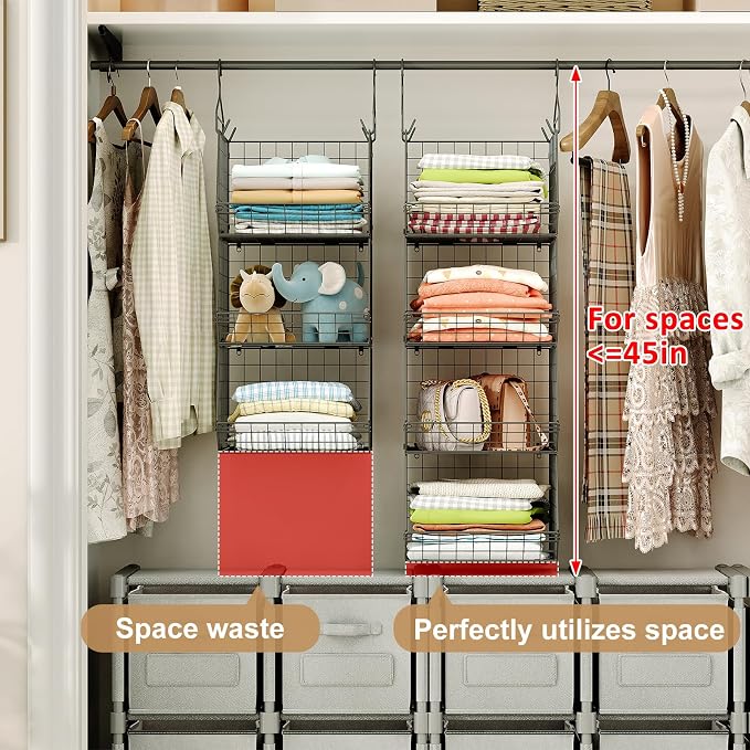 4 Tier Closet Hanging Organizer, Closet Organizers and Storage with 5 S Hooks, Closet Hanging Shelves & Freestanding Wire Storage Basket Bins, for Clothing Shoes Handbags Clutches Accessories Patent