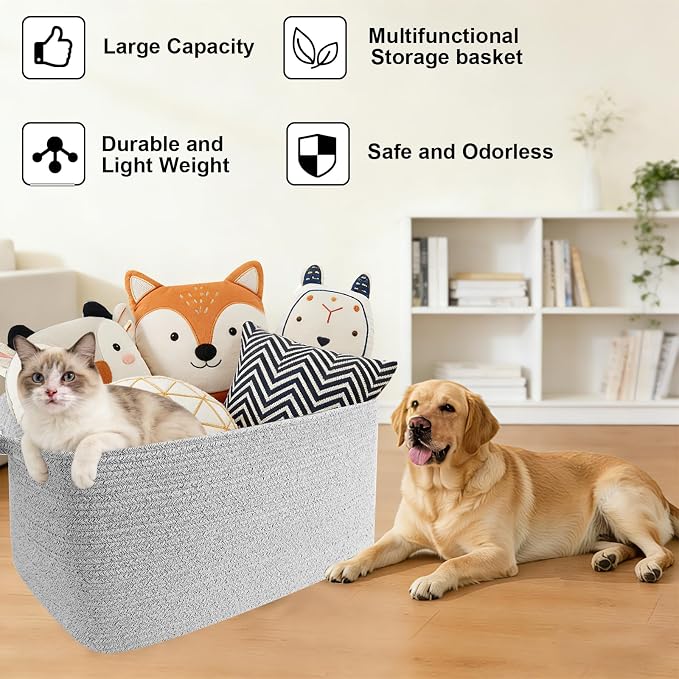 65L Large Laundry Basket with Handles, Woven Blanket Basket, Grey | 21"×16"×12" Collapsible Cotton Rope Storage Basket for Toys Clothes & Pillows, Nursery, Bathroom, Bedroom, Living Room