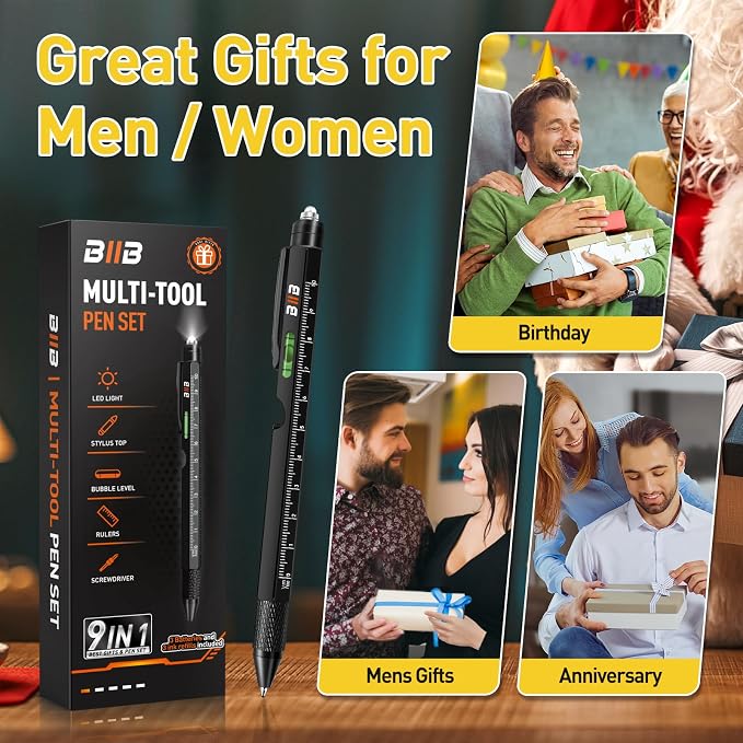 BIIB Gifts for Men 9 in 1 Multitool Pen, Mens Gifts for Him Dad Husband, Birthday Gift for Men Who Have Everything, Dad Gift from Wife Daughter, Unique Tools Gadgets for Mens