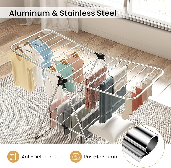 Tangkula Clothes Drying Rack Foldable, 2-Level Heavy-Duty Aluminum Laundry Drying Rack Collapsible with Height-Adjustable Wings, Space-Saving Freestanding Airer Clothing Dryer Stand for Indoor Outdoor