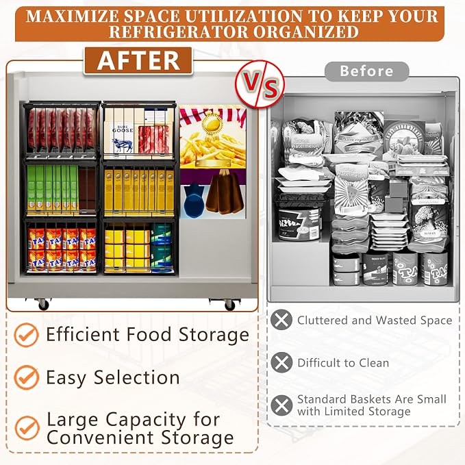 Large Freezer Organizer Bins, Upgrade Quick Expand/Collapse Feature, for 5-9 Cu.Ft Deep Freezer, 6 Pack Stackable Deep Freezer Organizer Bins, Black Wire Foldable Baskets (Black 6 Pack)