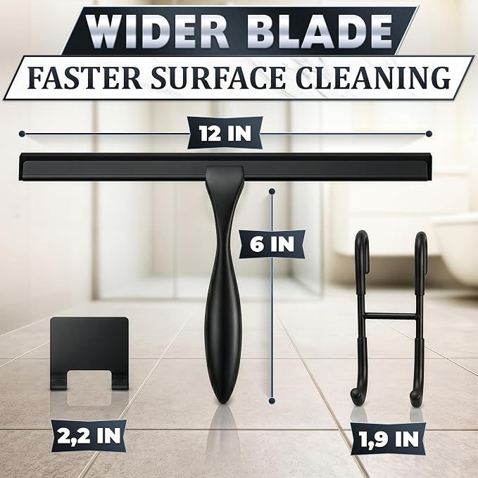 Shower Door Squeegee with Hook - 12" Silicone Blade, Stainless Steel Black Squeegee for Shower Glass with Adhesive Mount - All-Purpose Bathroom Tile, Mirror, & Window Wiper for Streak-Free Cleaning