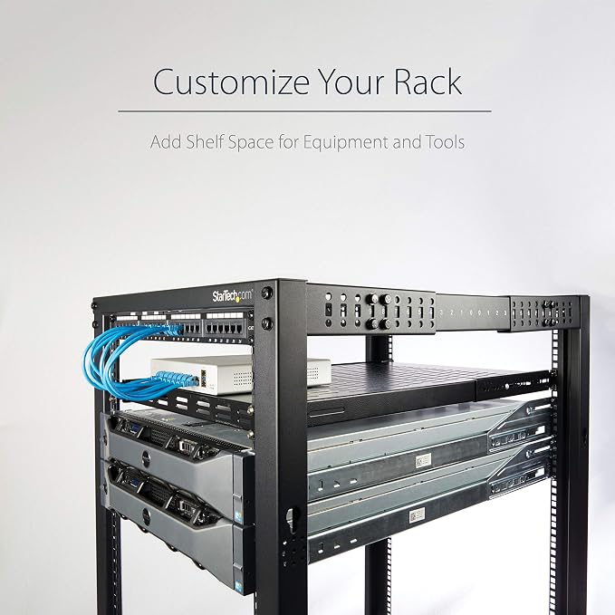 StarTech 1U Adjustable Vented Rack Shelf, 19in, 175lb, TAA (ADJSHELF) | 19.5-38in adjustable mounting depth, 27.5in deep universal tray, SPCC steel, Maximizes airflow
