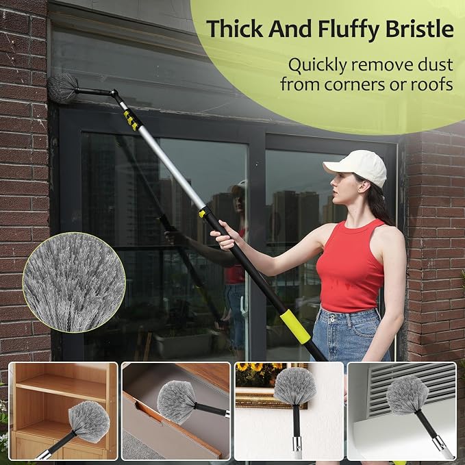 【Upgrade Anti Rotation 】 24ft High Reach Duster Kit,5-18ft Lightweight Aluminum Alloy Extension Rod,7-Piece Set,210° Steering Head Clean Various Angle,for Cleaning Ceiling,High Wall