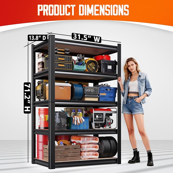 Set of 7-71"H Garage Shelving,5 Tier Garage Storage Shelves,Adjustable Heavy Duty Metal Shelving Unit and Storage Large Rack,Utility Steel Shelf For Warehouse Industrial Pantry Basement 32"Wx14"D