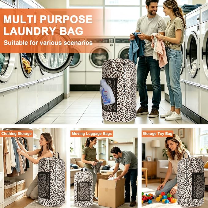 Laundry Bag Backpack Durable Laundry Bag with Shoulder Straps and Mesh Pockets Portable Laundry Hamper Dirty Clothes Bag for College, Travel, Laundromat, Apartment (Leopard Print)