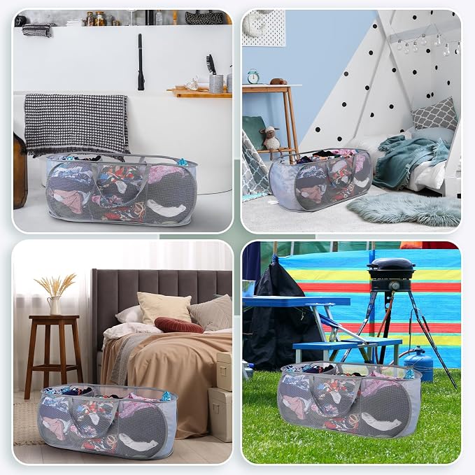 2 Pack Mesh Foldable Laundry Basket Up Laundry Hamper (Grey) | 3 Compartments Up Mesh Hamper with Handles, Mesh Laundry Hamper for Laundry Room, Bathroom, Room, College Dorm or Travel