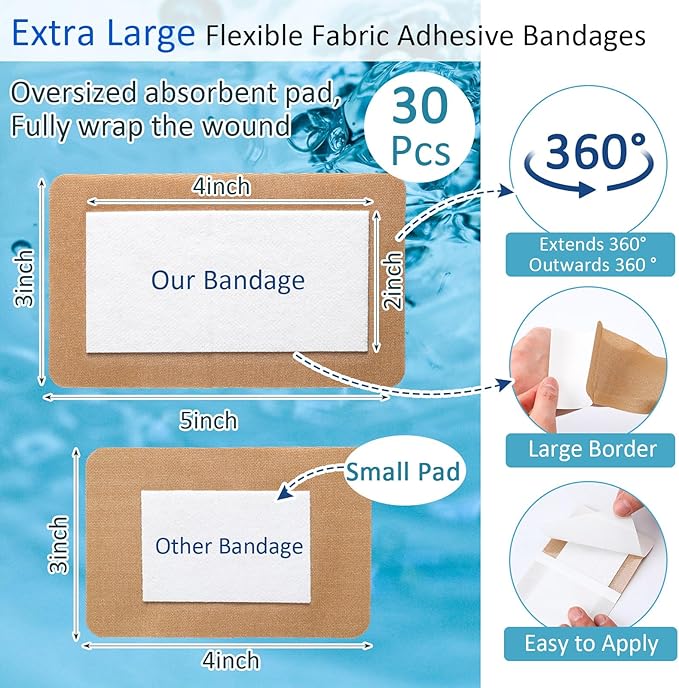 Geiserailie 30 Pcs Flexible Extra Large Adhesive Soft Bandages 5" x 3" Sterile Fabric Adhesive Bandages with Non Stick Pad, Latex Free for Care and Protect Wounds Bed Sores Burn Individually Wrapped