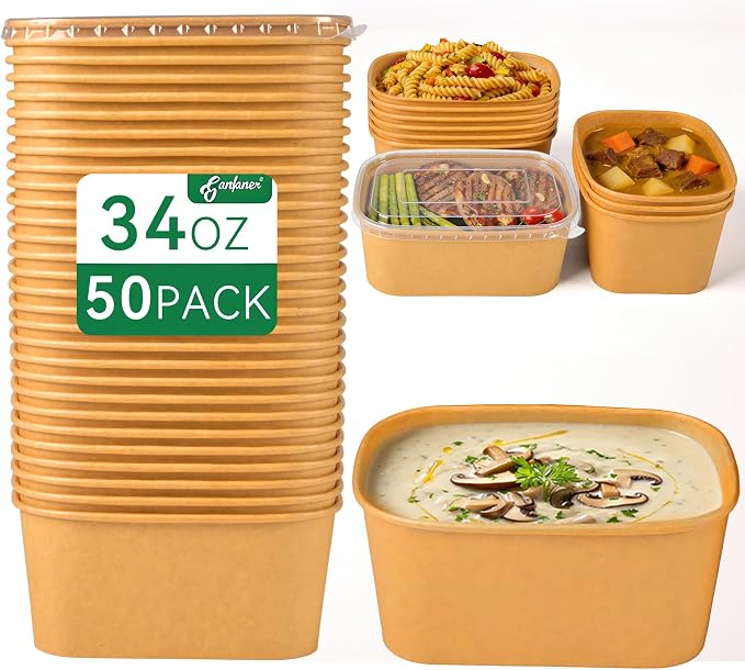 34 OZ Disposable Bowls with Lids, 50 Sets Kraft Paper Salad Bowls, Large Oil-Proof Soup Bowls Microwave Freeze, Perfect for Disposable Meal Prep Food Container Takeout