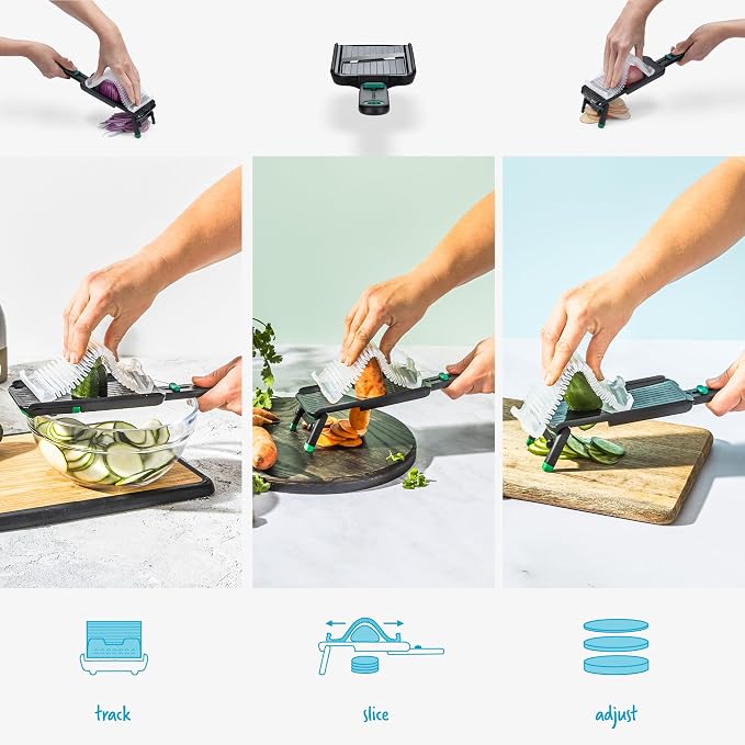 Dreamfarm Nocutu Adjustable Handheld Mandoline Slicer with Finger Guard | Fruit and vegetable cutter with flexible snap-on protective blade cover and non-slip foot - creates precise 1-3mm thin slices