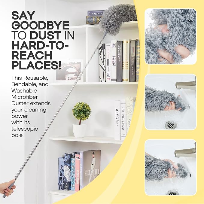 Microfiber Feather Duster with Extension Pole 100 Inches, (8 PCS), Cleaning Brush, Dusters for Cleaning High Ceilings, Cobwebs, Blinds, Cars, Reusable, Washable, Extendable, Ceiling Fan Cleaner Duster