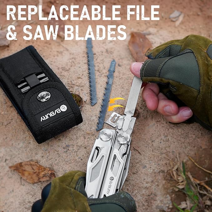 BIBURY Multitool Pliers with 440A Knife & Full Size Scissors, BI2045 | 31-in-1 Multi Tool with Replaceable Wire Cutters, Self-locking EDC Tool with Sheath, Ideal for Outdoor, DIY, Gift for Men