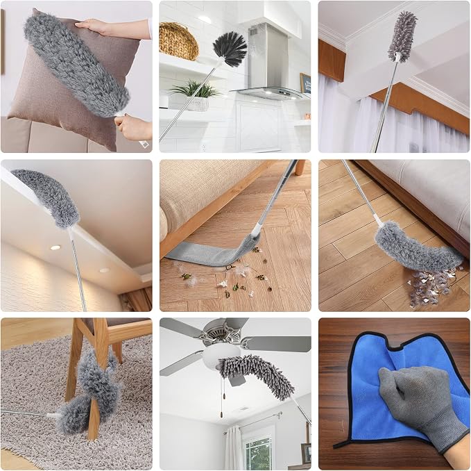 Duster with Extension Pole for Cleaning Ceiling Fans, High Ceilings, in Addition, Dusters for Cleaning Can Also Be Used for Low Places Cleaning, Such As Cabinets, Sofas, and Other Small Spaces.