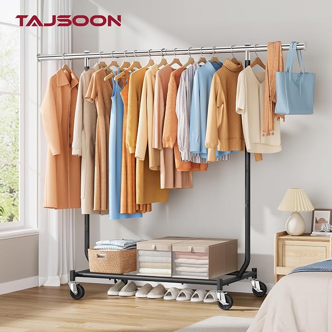 Tajsoon Collapsible Clothes Racks with Wheels, Metal Clothing Rack and Height Adjustable, Heavy Duty Foldable Garment Rack Load 300 LBS, Commercial Rolling Racks for Bedroom, Living Room, Store, Black