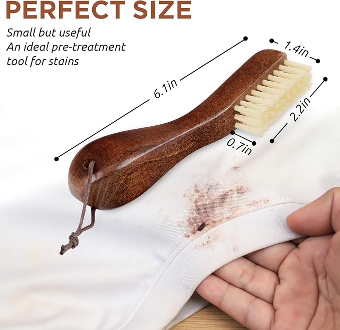 TAKAVU Laundry Stain Brush 2pcs, Soft White Boar Bristles | Clothes Cleaning Scrubber, Stain Remover for Shirts, Collars, Cuffs & Shoes, Curved Beech Wood Handle with Hanging Loop