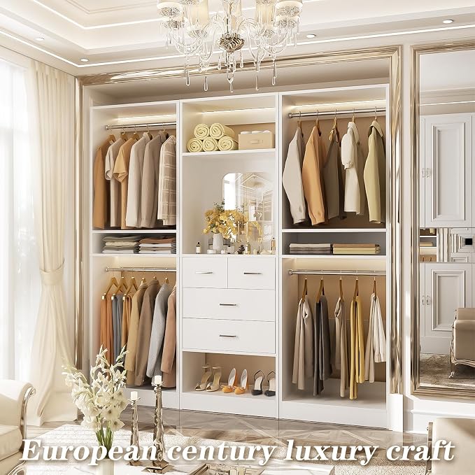Unikito 75 Inch Closet System with 4 Drawers, 6.3FT Walk in Closet Organizer with Hanging Rods and Mirror Design, Reversible Large Closet Wardrobe with Shelves, Adjustable Closet Tower, White