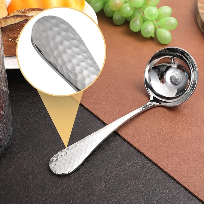 7.09 Inch Small Ladle Premium Stainless Steel Hammered Gravy Ladle Rustproof Kitchen Utensil for Serving Soup Sauces Gravies Chili Stew and More Elegance Functionality (Silver)