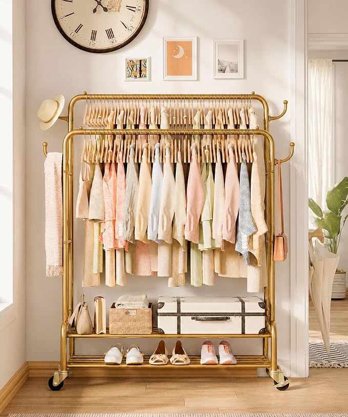 Homde Heavy Duty Clothes Rack: 265lb Rolling Double Rod Garment Hanging - Metal Coat Organizer Storage Display Shelf on Wheels for Bedroom Laundry