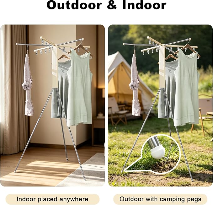 Foldable Tripod Clothes Drying Rack - 6 Clothes Arms & 12 Underwear Clips & 12 Hanging Points & Stainless Steel Legs/Clothes Rods, Portable Clothing Airer for Suitcase RV Balcony Camping