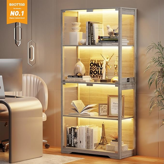 BROTTAR Display Cabinet with Glass Doors, 4-Tier Display Case, Gray | Curio Cabinet with 3 Color Lights for Collectibles, Storage Cabinets with Human Body Sensor