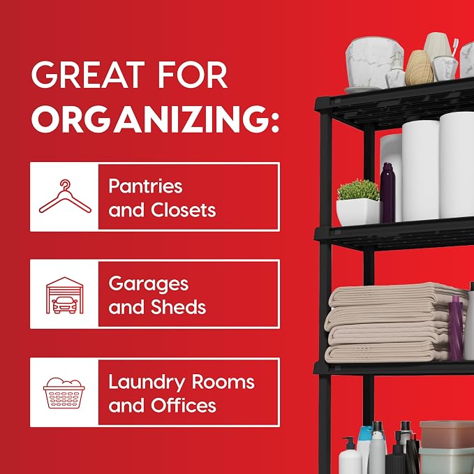 IRIS USA Plastic Storage Shelves |Made in USA| 48"H x 24"W x 12"D - Black | Light Duty Rack Organizer, 200lb Total Capacity, 50lb Per Shelf, Shelving Unit for Bathroom, Laundry, Home & Pantry