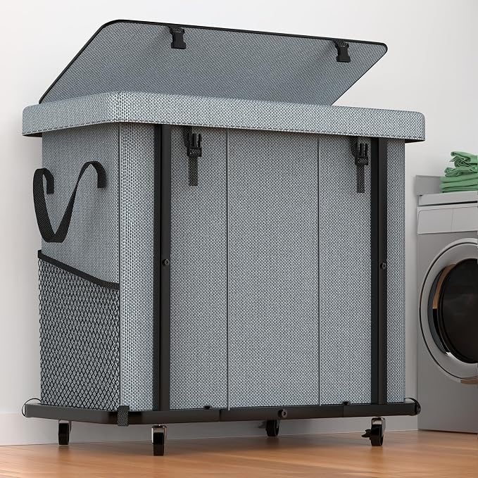 Laundry Basket with Lid,230L Rolling Laundry Hamper with Wheels,Grey | Dirty Clothes Hamper with Metal Frame and Removable Bag Design, Suitable for Laundry Room, Bedroom(3 Section)