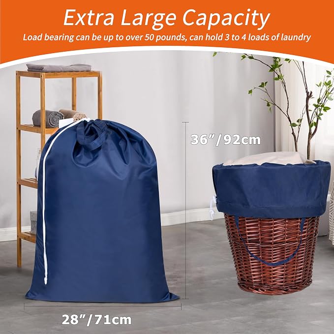 2 Pack Extra Heavy-Duty Laundry Bag with Handles, Navy, 28x36" | Extra Large, Machine Washable, Reinforced Handles, Drawstring Closure, Name ID Tag, For College Dorm Travel
