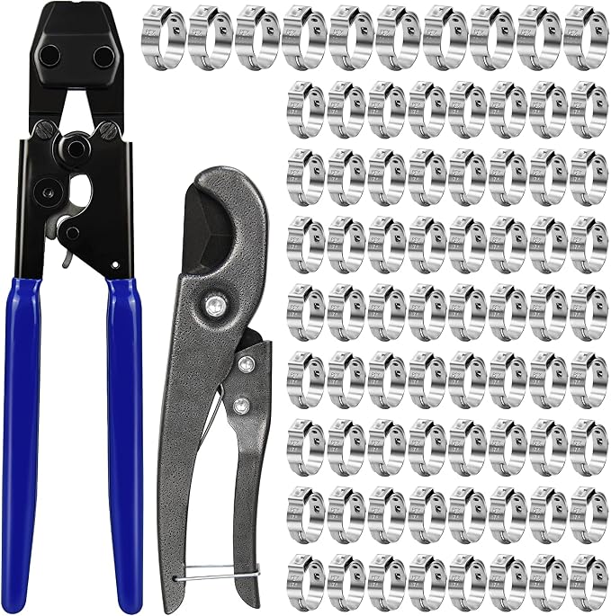 PEX Cinch Clamp Tool Kit, 3/8" to 1" PEX Pipe Clamp Cinch Tool Set | with 1pcs Pipe Cutter, 70 pcs 1/2" PEX Cinch Clamps, 10pcs 3/4" PEX Cinch Clamps