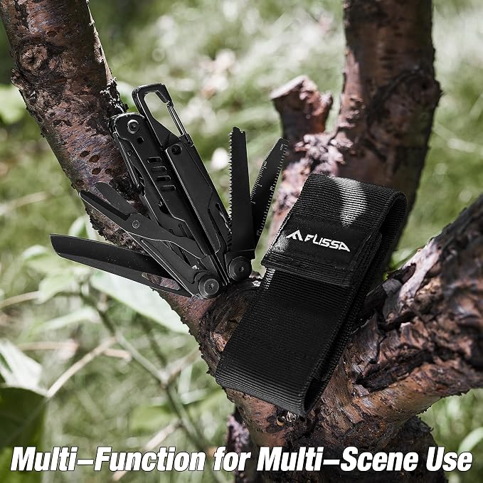 FLISSA 15-in-1 Multitool Pliers with Sheath Safety Lock EDC | Stainless Steel with Self-Locking System, Knife, Saw and Screwdrivers. Belt Clip Nylon Carry Case for Outdoor Survival.