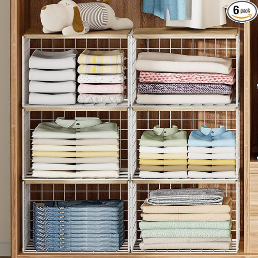 6 Pack Extra-Long Closet Organizers and Storage with Top Board, Stackable Closet Shelf Organizer, Double Storage Design, Clothes Storage Cube/Bin/Basket for Wardrobe, Space-Saving, White,Sturdy,Metal