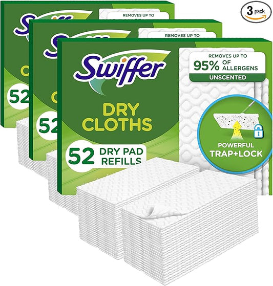 Swiffer Sweep + Mop,Dry Pads Refill,Floor Cleaner for Dirt,Dust,Hair,Cleaning Cloths for Mopping Home,Bathroom,Kitchen,Dust Mop,Floor Duster,Unscented,52ct,(Pack of 3)