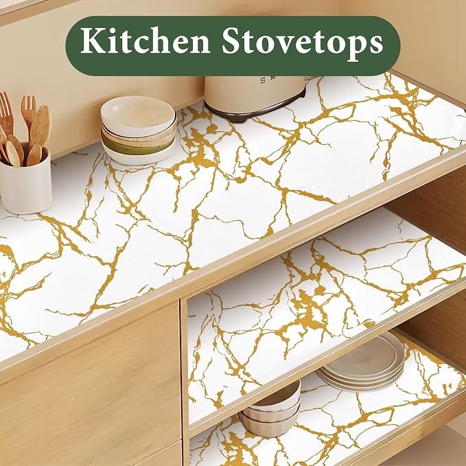 Drawer and Shelf Liner for Kitchen Cabinet Non Slip Waterproof | Shelf Paper 12 in X 20 Ft Non Adhesive Refrigerator Liners Gold White Marble Easy Liners for Bathroom Cupboard