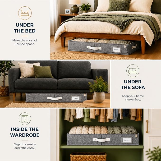 HOMELUX THEORY 2pc Low Profile Under Bed Storage Containers, Thin Under Couch Storage Organizer with Bins & Lids, Underbed Storage Box Ideal for Seasonal Clothes, Blankets, Fabric & Shoes (LightGray)