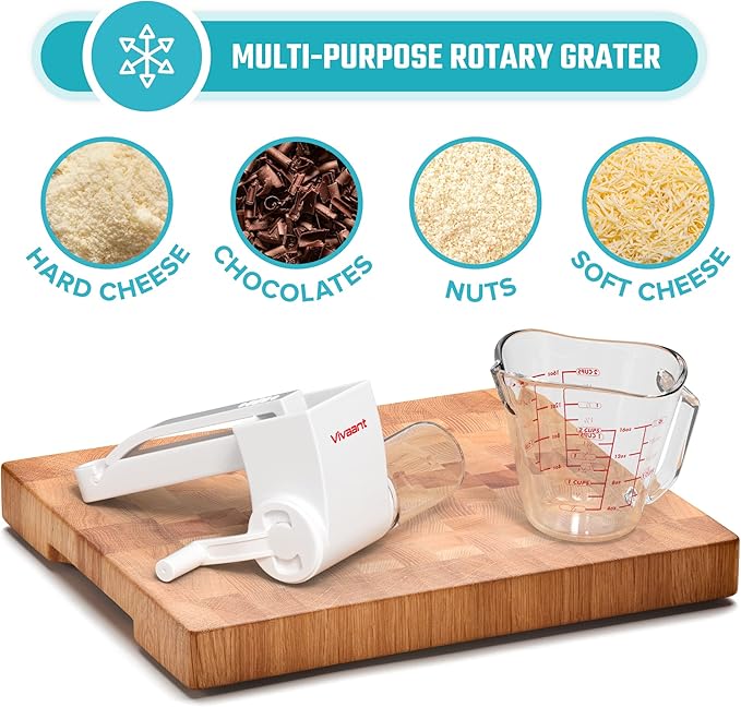 Vivaant Parmesan Cheese Grater Hand Crank, Restaurant-Grade Rotary Cheese Grater Handheld Italian Style with 2 Stainless Steel Drum Blades is Dishwasher Safe & Easy to Clean
