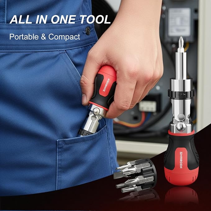 8 in 1 Stubby Ratcheting Screwdriver, Multi Bit Screwdriver Tool | All in One with 6 CRV Bits Phillips, Slotted, Torx,180 Degree Pivoting Adjustable Angle Screw Driver Set for Tight Spaces