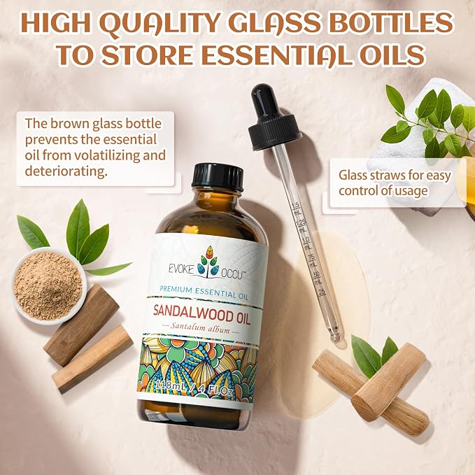 EVOKE OCCU Sandalwood Essential Oil for Skin Care, Diffuser & Candle Making | for Perfume, Hair Care, Massage, Sleep & Meditation, DIY Soap, Laundry Dryer Balls, Men & Women - 118ml / 4 fl oz