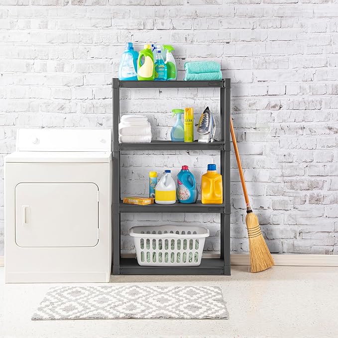 Sterilite 4 Shelf Unit, Heavy-Duty Plastic Utility Storage Rack, 2-Pack | Freestanding Shelving Organizer with 50 lb Capacity Per Shelf for Kitchen, Bathroom, Garage, Basement, Pantry & Laundry Room