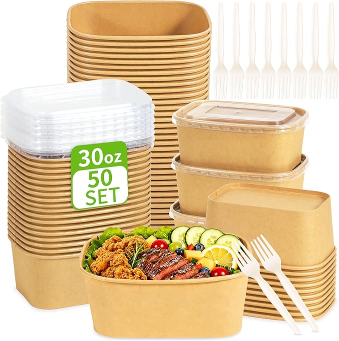 50-Pack 30oz Disposable Meal Prep Containers with Lids and Forks, Compostable Kraft Paper Bowls To Go, Microwave & Freezer Safe Food Containers for Hot Soup, Cold Dessert, Lunch, Takeout