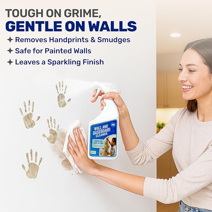 Wall & Baseboard Cleaner for Painted Walls, Cabinets, Doors & Trim | Non-Toxic, No-Rinse Spray | Anti-Resoil, Streak-Free Formula | Kid & Pet Safe | 32 oz (1 Quart) | Made in USA