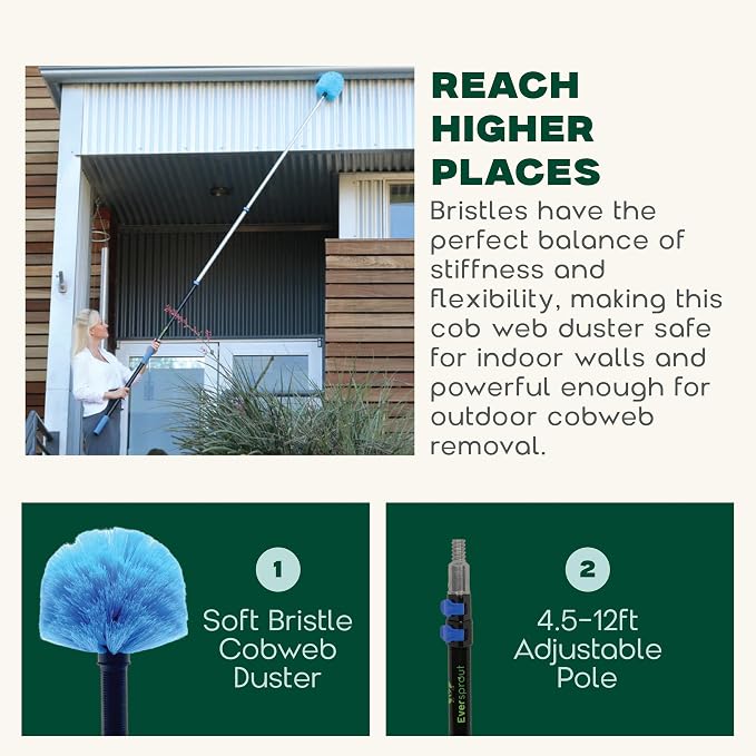 EVERSPROUT 5-to-12 Foot Cobweb Duster & Pole Combo, Extendable to 20 Ft | For High Ceilings and Spider Webs, Vents, Wall Edges, Baseboards and More, Soft Bristles, Adjustable Pole
