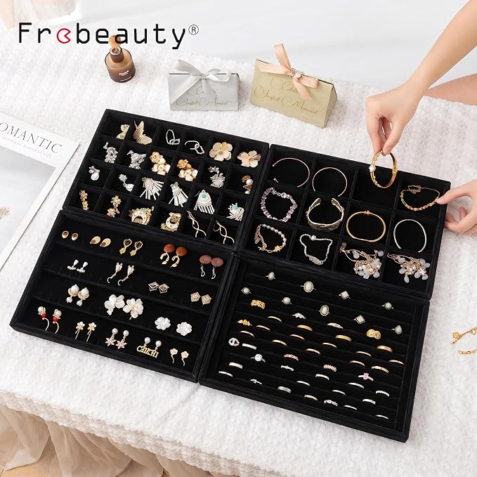 Frebeauty Jewelry Trays for Drawer,Set of 4 Jewelry Organizer and Storage | Velvet Material,Stackable,Adjustable Dividers,Drawer Inserts for Rings Studs Bracelet,Earring Organizer for Women Girls