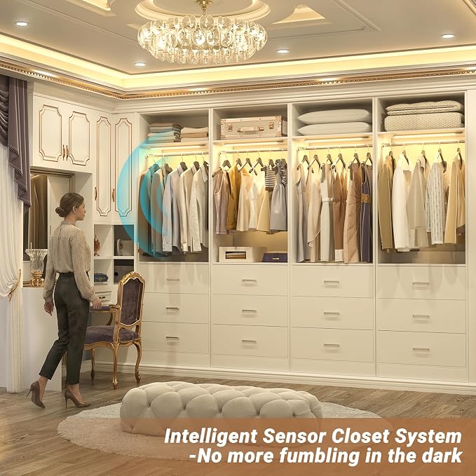 Besiost 8FT Closet System with 4 Motion Sensor LED Lights, 96" Closet Systems with 12 Drawers, Closet Organizer System with 4 Hanging Rods & 4 Shelves, Heavy Duty 96 Inch Walk-in Closet, White