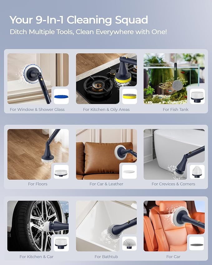 MayKing Electric Spin Scrubber with 9 Brush Heads, IPX7, Model Blue | 3-Angle & 4-Length Adjustable Cordless Power Scrubber, 3-Speed & Battery LED Display, for Bathroom, Tub, Floor & Tiles