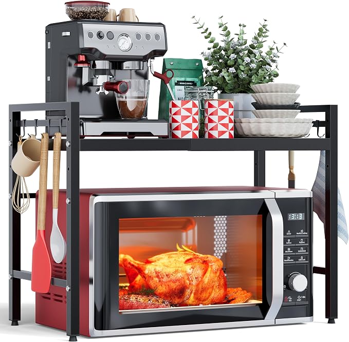 NETEL 2 Tier Expandable Microwave Stand countertop,Microwave Oven Rack | microwave shelf, storage shelves for pans &appliances,Adjustable partition height，8 Hooks，55lbs max load,Black