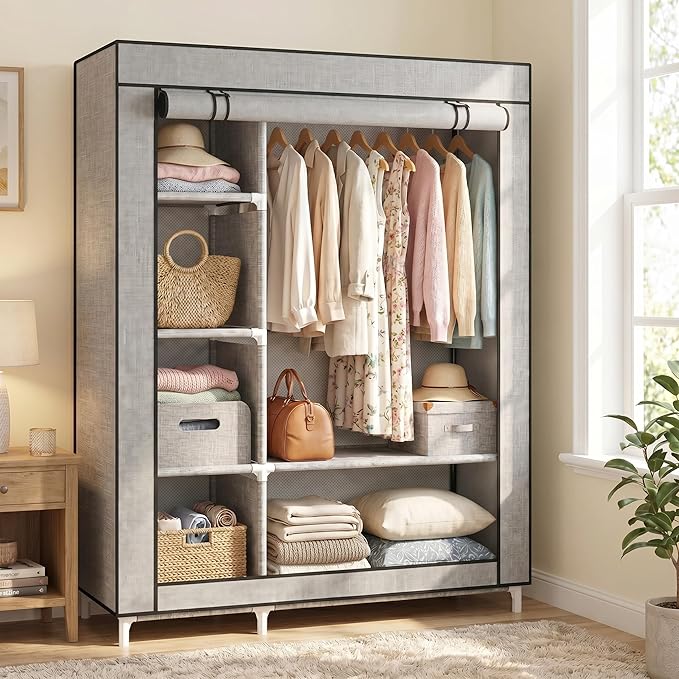 Calmootey Portable Closet Organizers, Clothing Storage, Wardrobe with 6 Shelves and Hanging Rod, Non-Woven Fabric Cover with 4 Side Pockets, Ash Grey