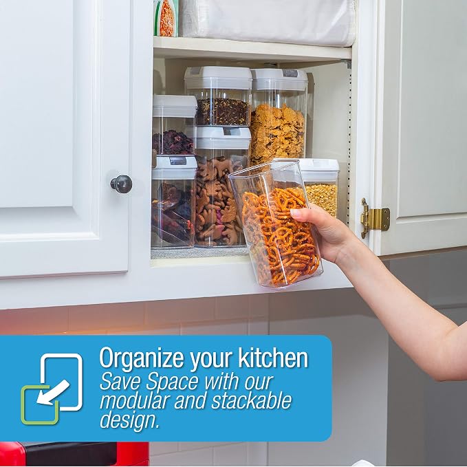 Set of 7 Airtight Food Storage Containers - Pantry Organizer Bins, BPA Free Plastic Containers plus Dry Erase Marker and Labels, Black