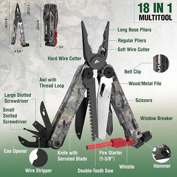 FLISSA 18-in-1 Camo EDC Multitool Pliers Fire Starter with Sheath | Equipped with Fire Starter, Window Breaker, Whistle, Stainless Steel, Perfect for Survival, Simple Repair, Camping