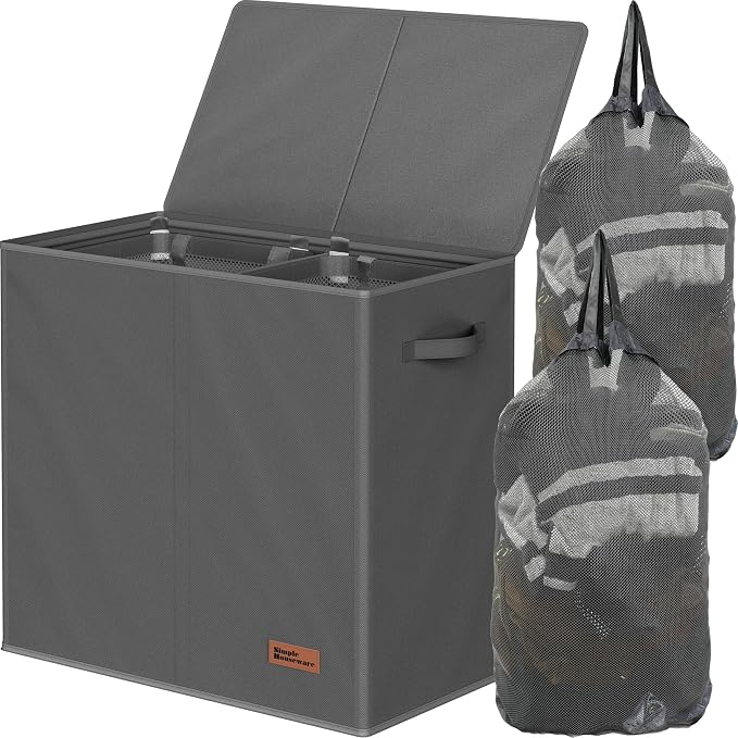 Simple Houseware Double Laundry Hamper with Lid & Removable Bags, Dark Gray | Heavy Duty 600D Polyester, Water-Resistant Surface