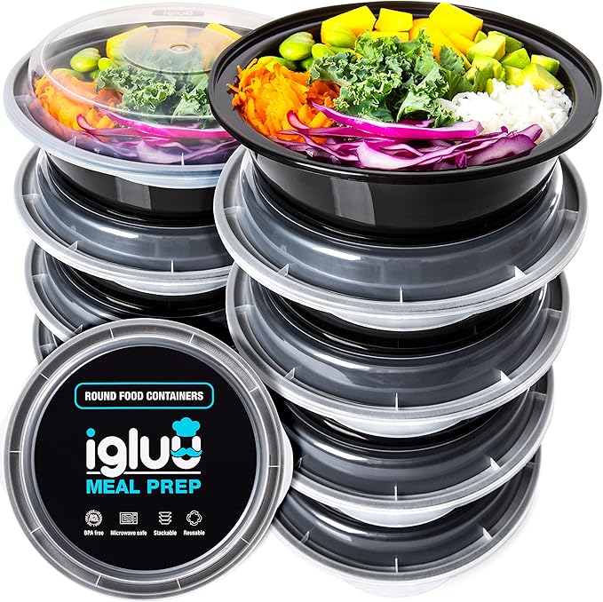 Igluu Meal Prep Containers Reusable (10 Pack) – Round Food Containers with Lids – Stackable, Microwave, Freezer & Dishwasher Safe – 28oz – 1 Compartment – BPA-Free | Round Food Containers with Lids – Stackable, Microwave, Freezer & Dishwasher Safe – BP...